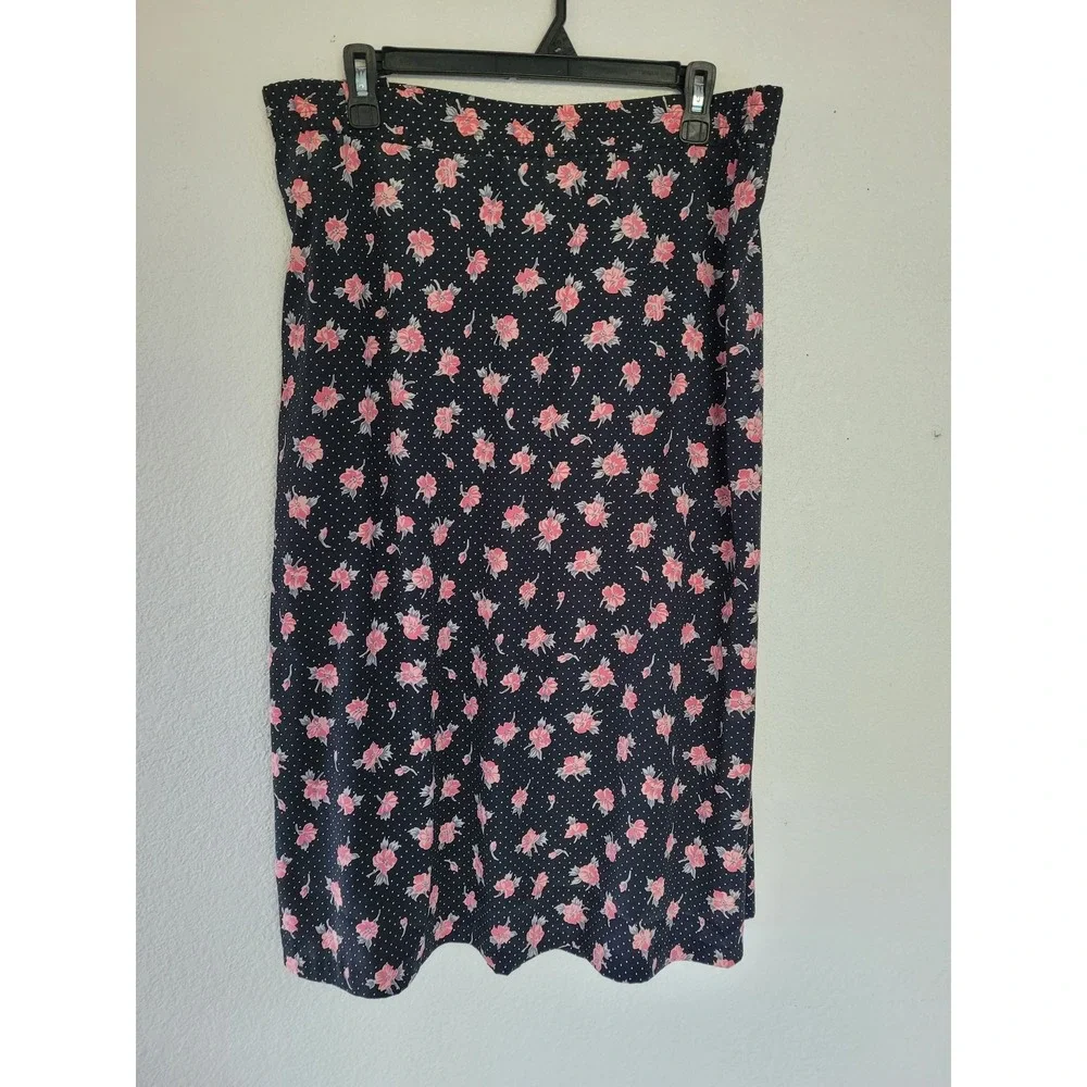 Russ Vintage Black Women's‎ Pink Floral Polka Dot Pleated Midi Skirt Size 14 #1